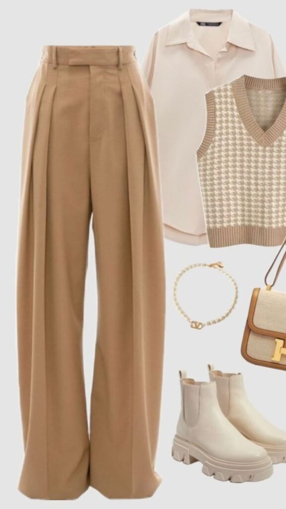 Best Western Outfits Collection Kottakkal. A stylish neutral-toned outfit featuring high-waisted wide-leg beige trousers paired with a cream button-up shirt and a beige houndstooth knit vest.